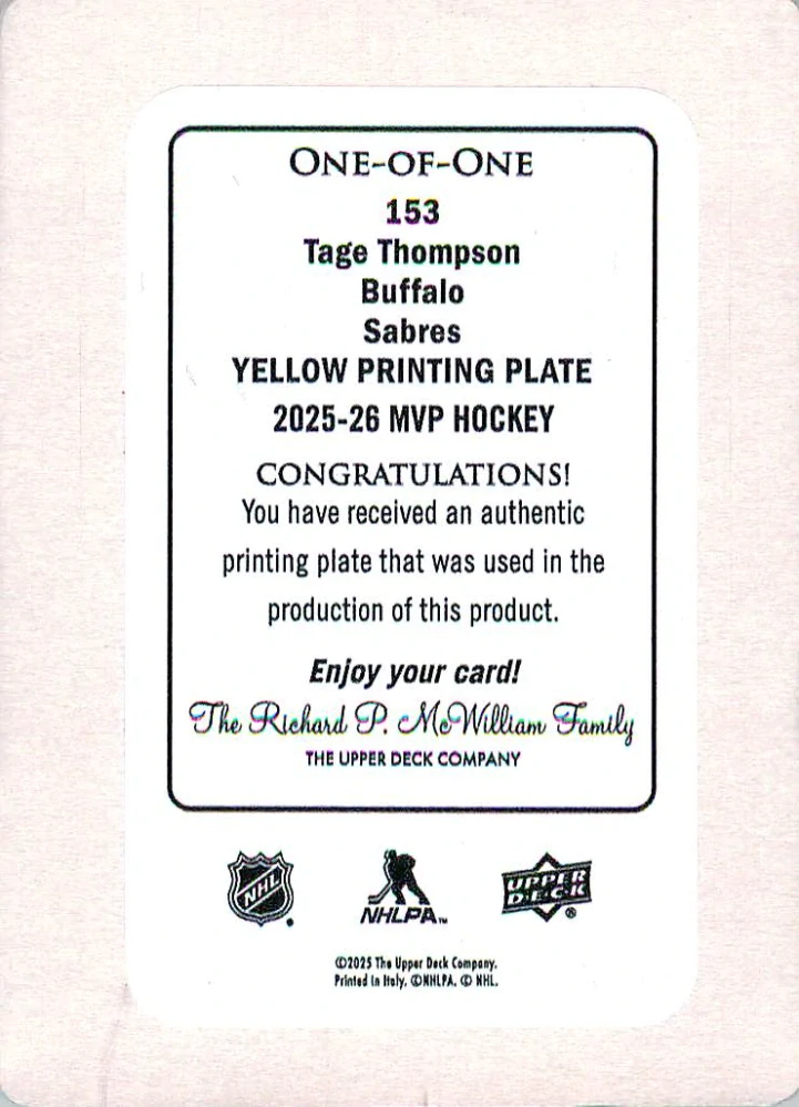 2025-26 UD MVP - Tage Thompson - Printing Plate Yellow /1