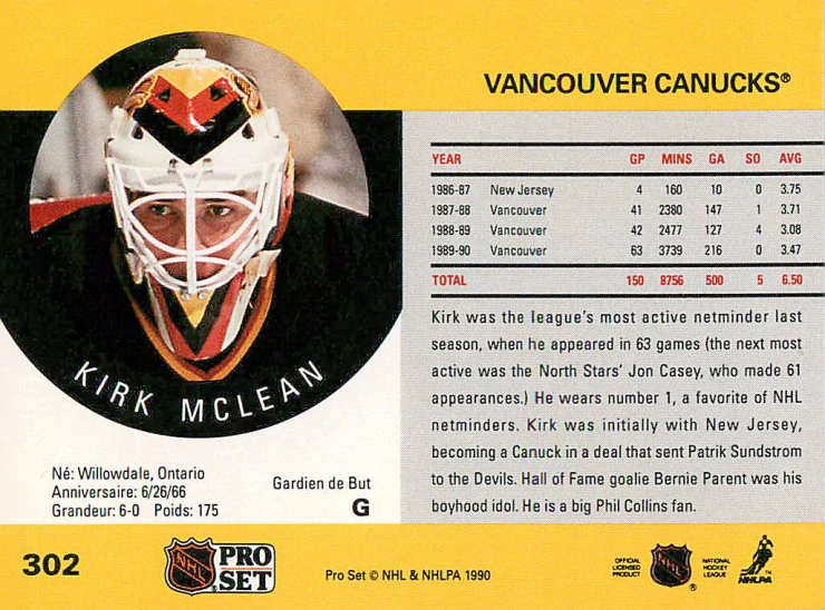 1990-91 Pro Set - Kirk McLean #302