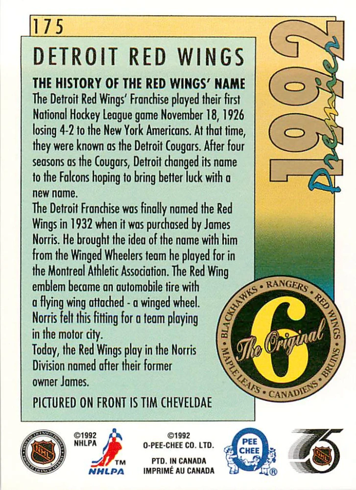 1991-92 O-Pee-Chee Premier - Tim Cheveldae - The Original 6 #175