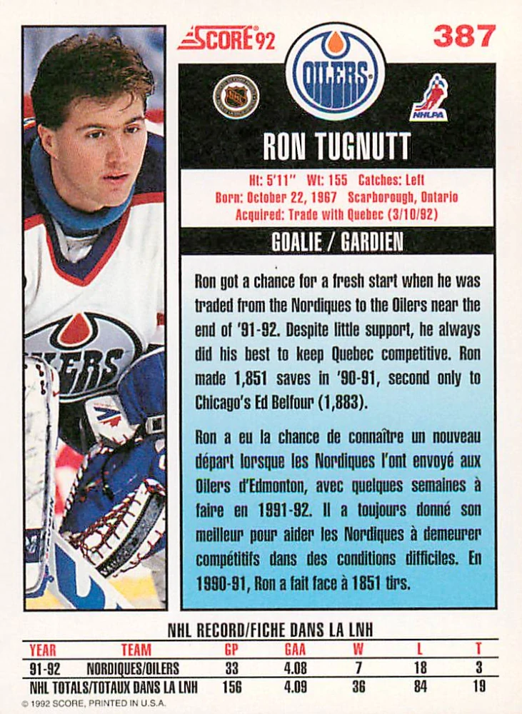1992-93 Score Canadian - Ron Tugnutt #387