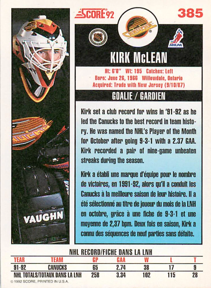 1992-93 Score Canadian - Kirk McLean #385