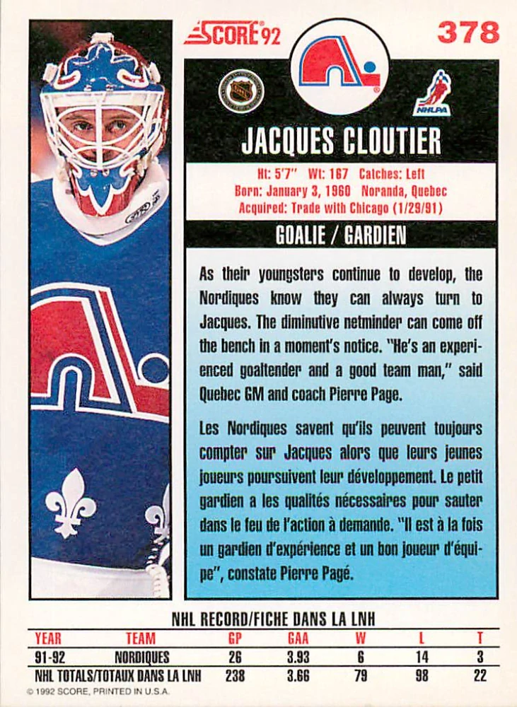 1992-93 Score Canadian - Jacques Cloutier #378