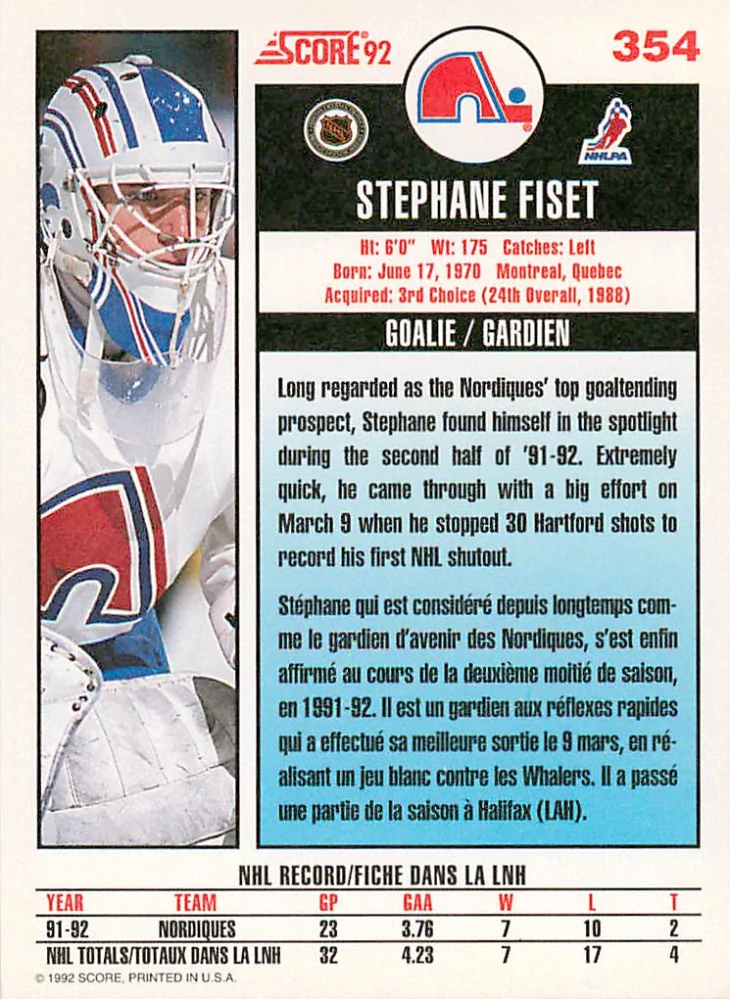 1992-93 Score Canadian - Stephane Fiset #354