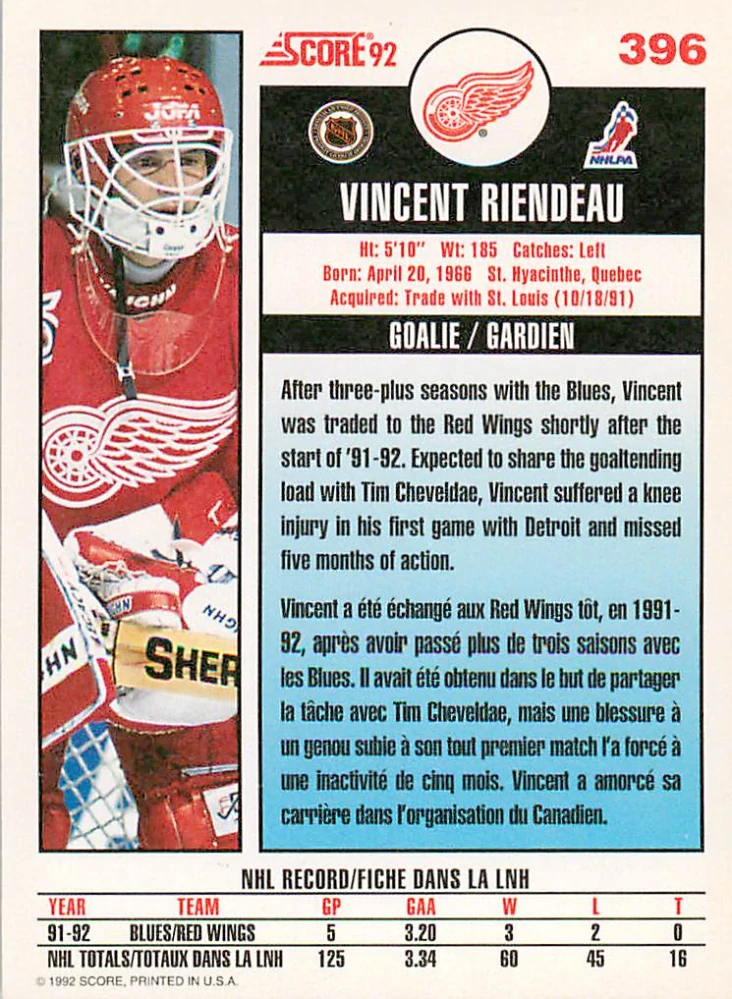 1992-93 Score Canadian - Vincent Riendeau #396