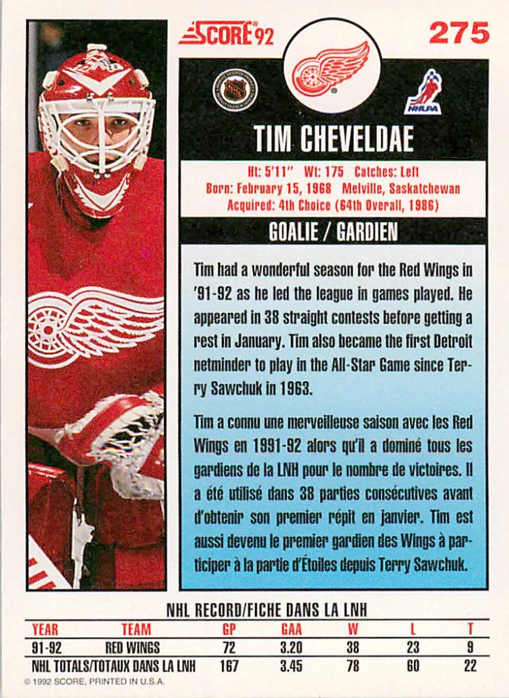 1992-93 Score Canadian - Tim Cheveldae #275