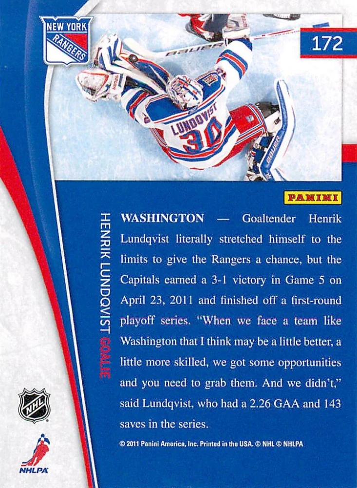 2011-12 Pinnacle - Henrik Lundqvist #172