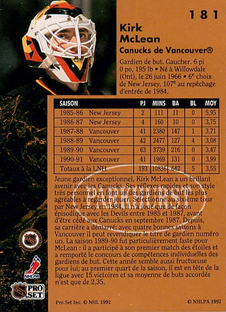 1991-92 Parkhurst - Kirk McLean #181