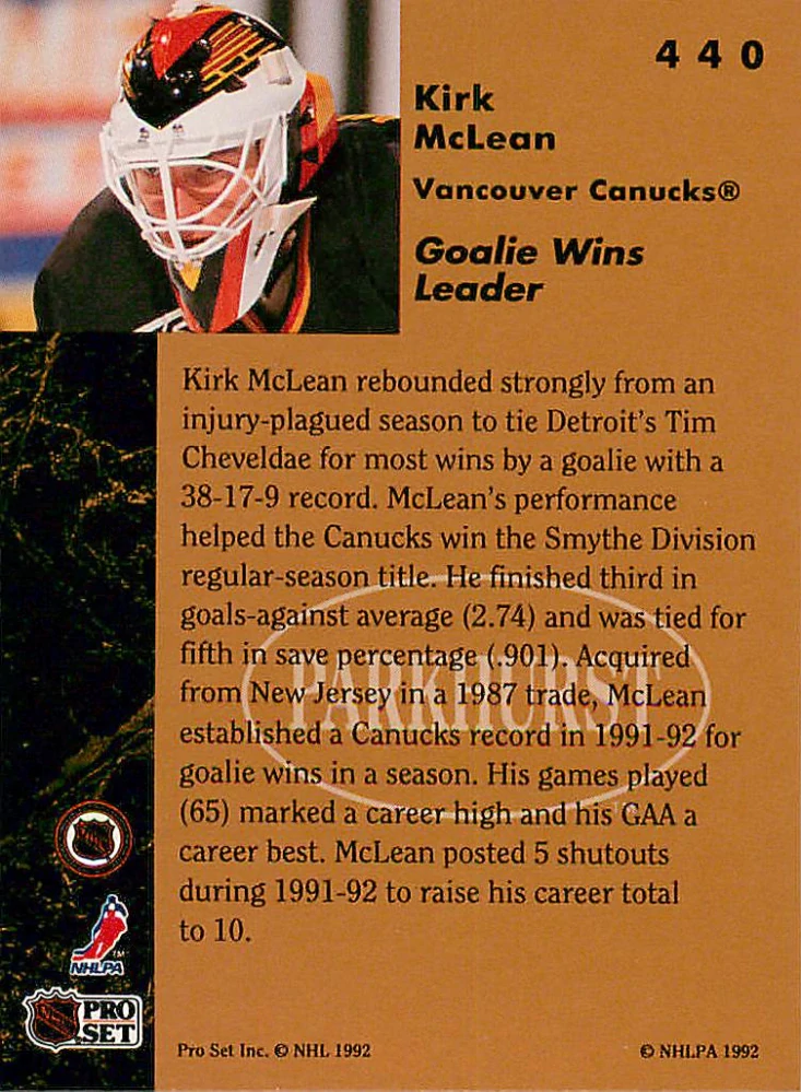 1991-92 Parkhurst - Kirk McLean - Leader #440