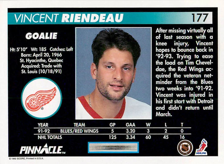 1992-93 Pinnacle - Vincent Riendeau #177