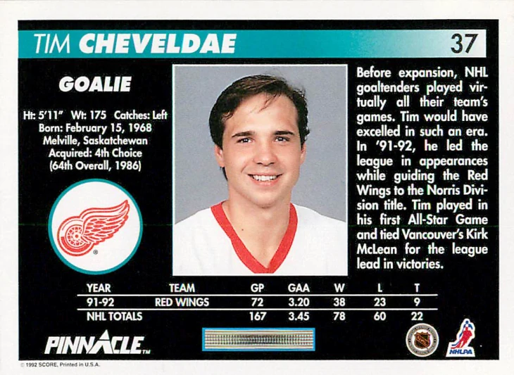 1992-93 Pinnacle - Tim Cheveldae #37