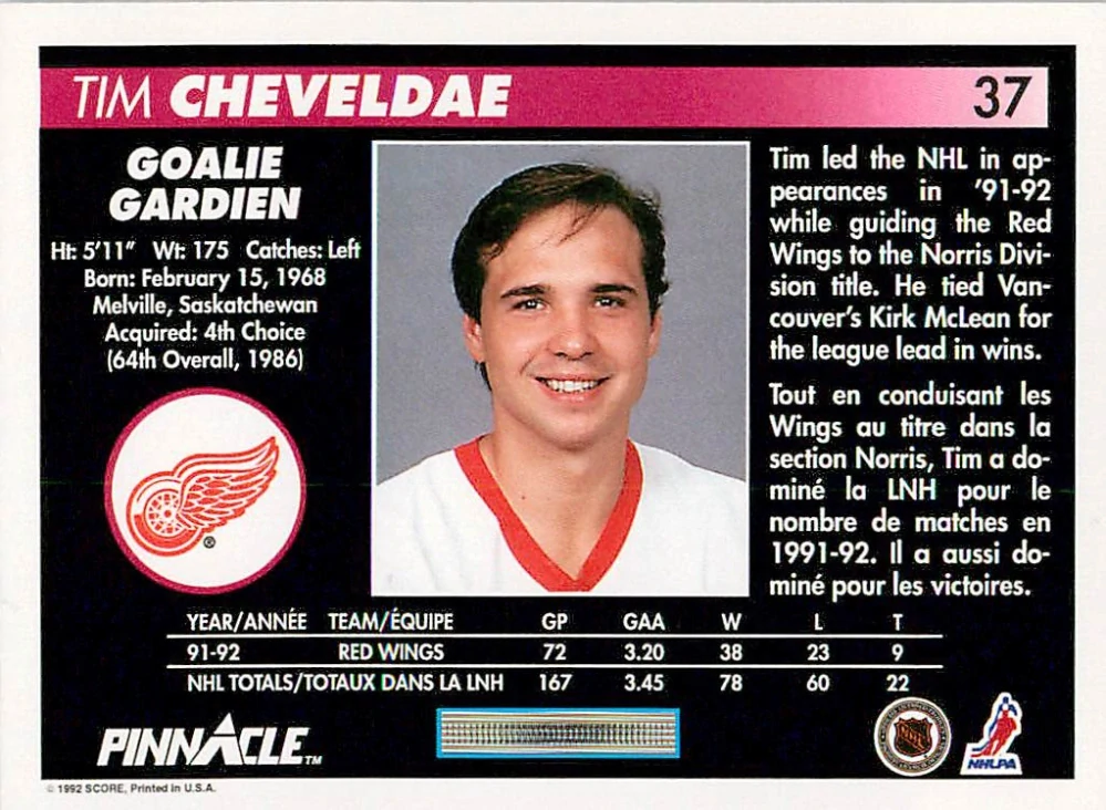 1992-93 Pinnacle Canadian - Tim Cheveldae #37