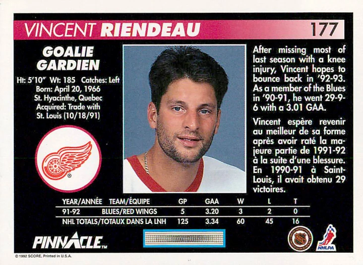 1992-93 Pinnacle Canadian - Vincent Riendeau #177