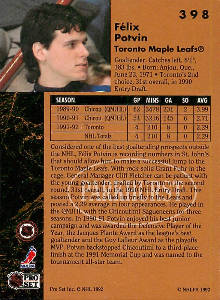 1991-92 Parkhurst - Felix Potvin - Rookie #398