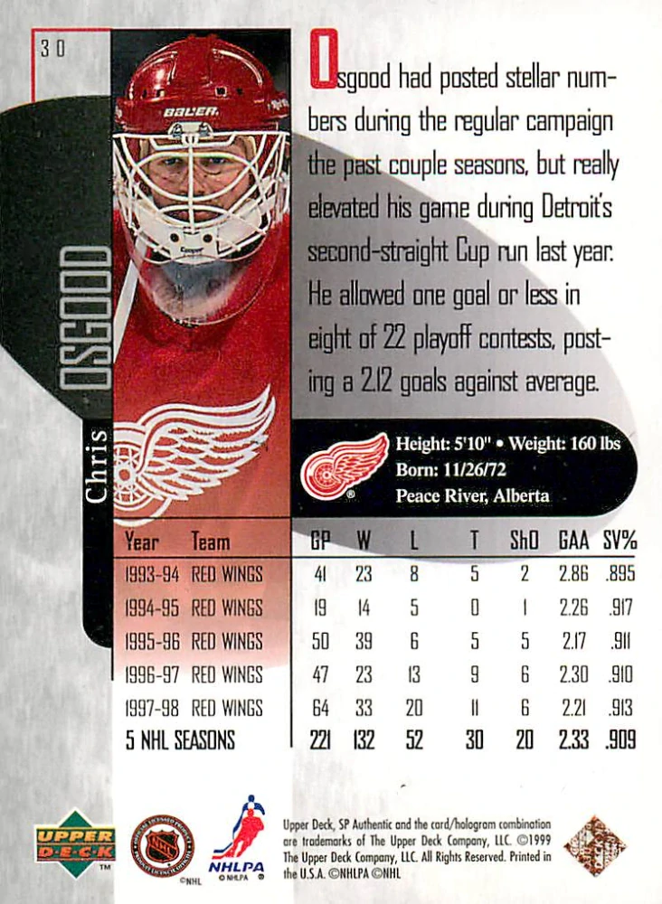 1998-99 UD SP Authentic - Chris Osgood #30