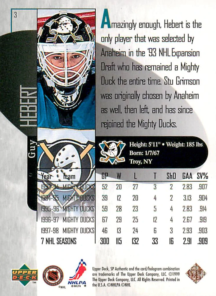 1998-99 UD SP Authentic - Guy Hebert #3