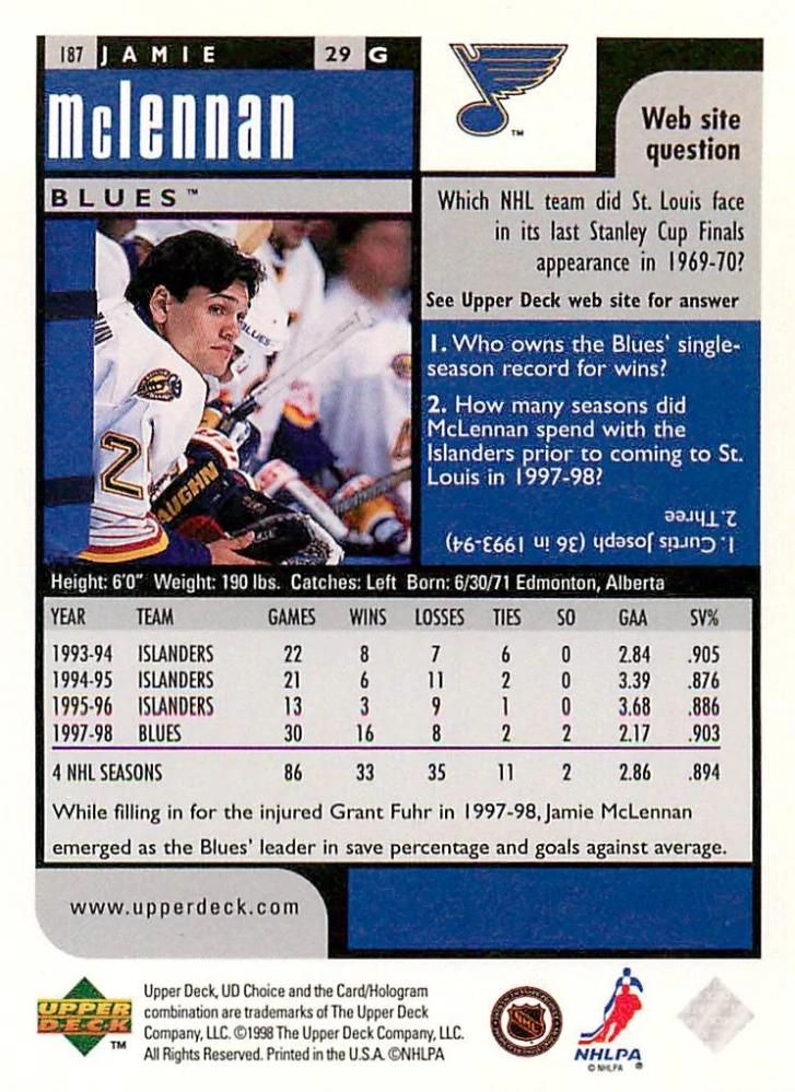 1998-99 UD Choice - Jamie McLennan #187