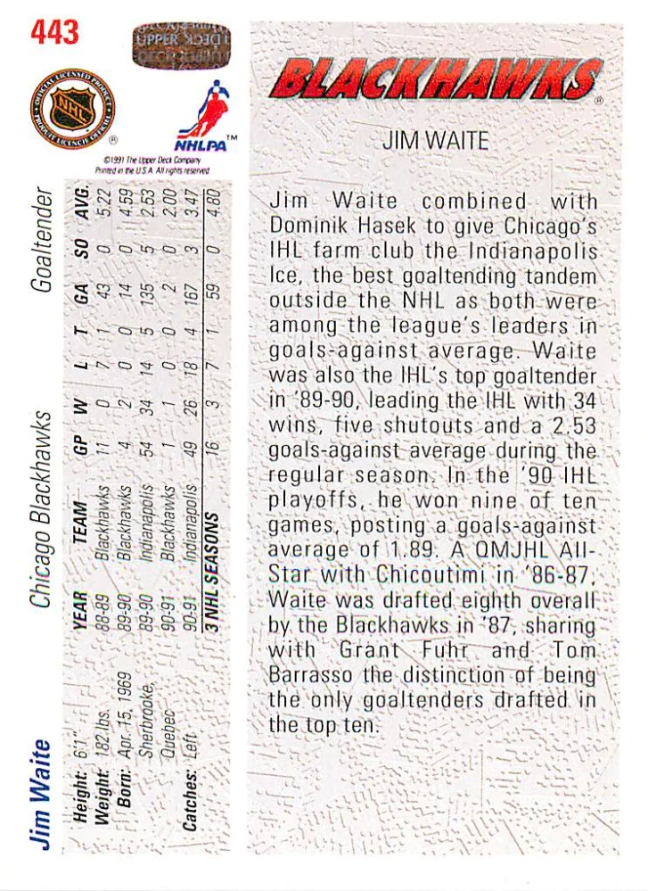 1991-92 UD Series - Jim Waite - Star Rookie (English) #443