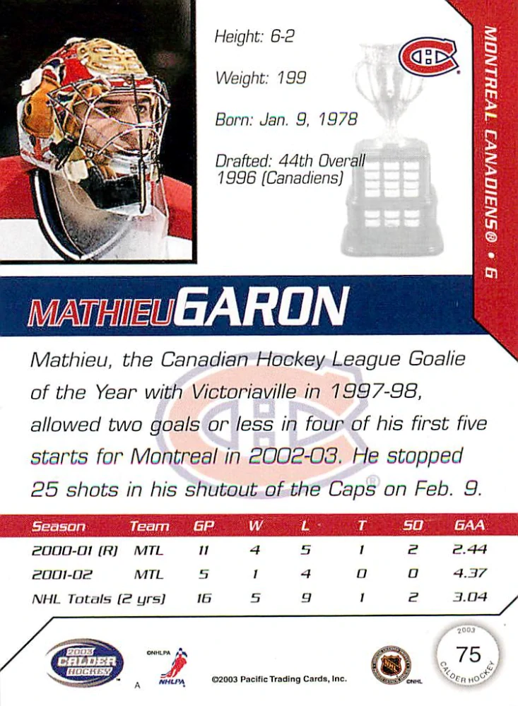 2002-03 Pacific Calder - Mathieu Garon #75