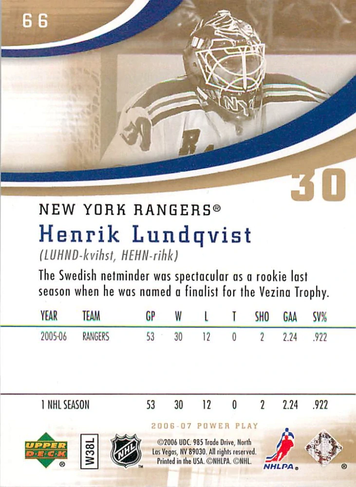 2006-07 UD Power Play - Henrik Lundqvist #66