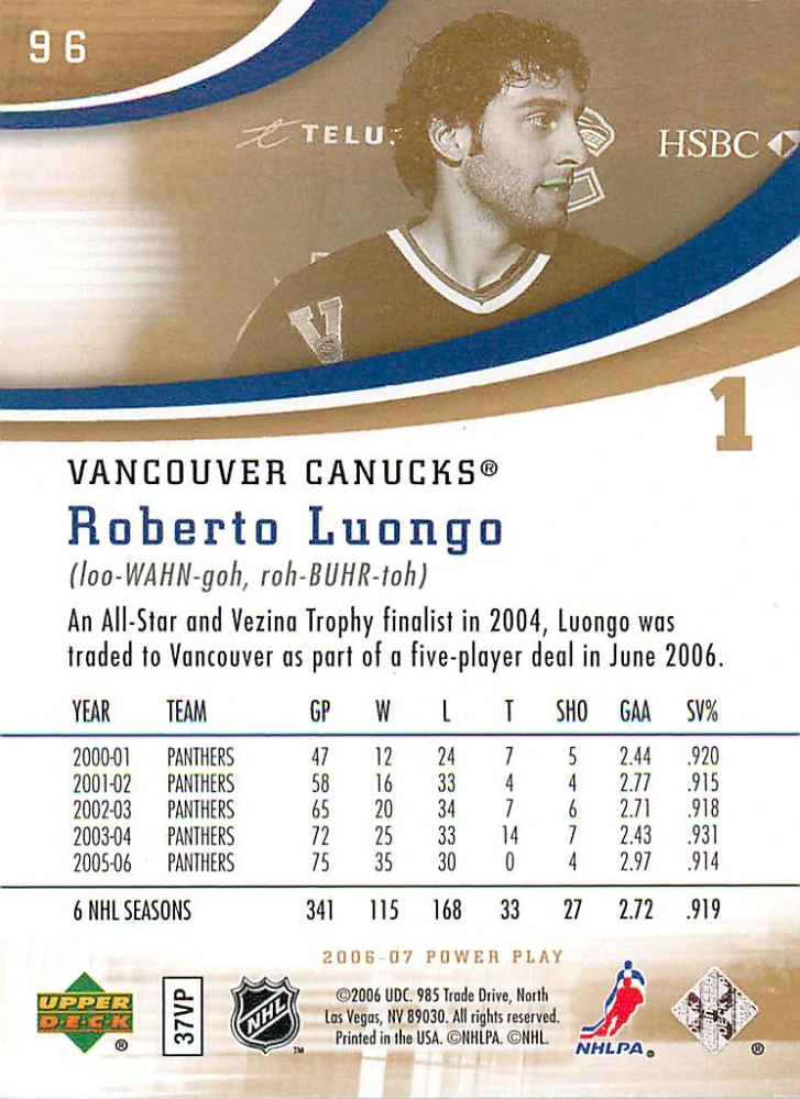 2006-07 UD Power Play - Roberto Luongo #96