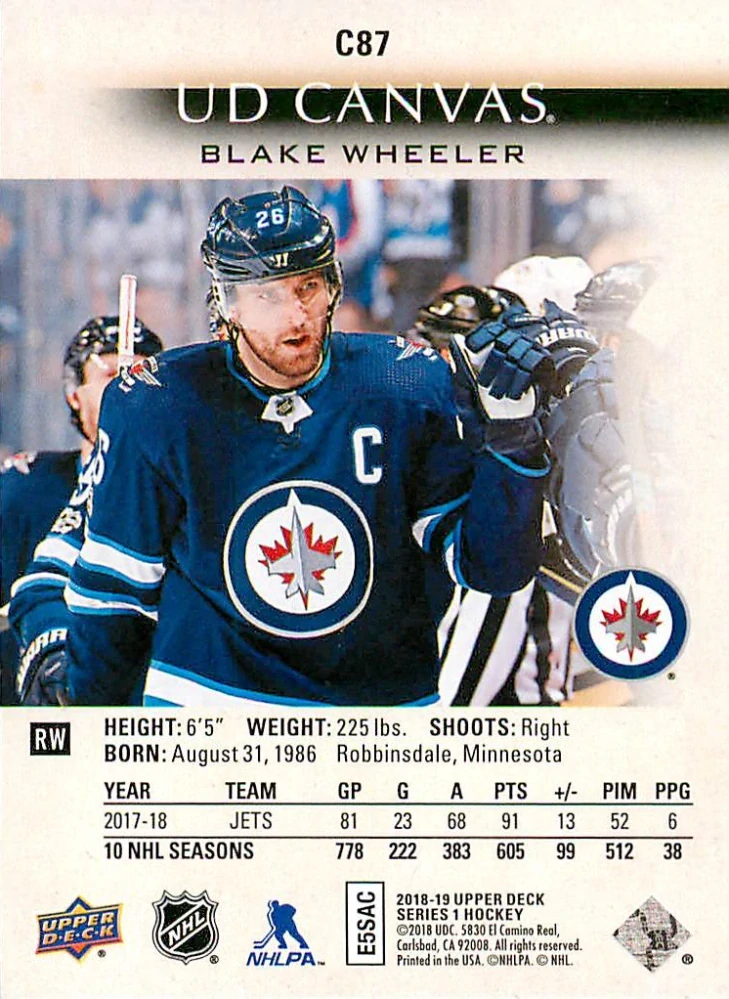 2018-19 UD Series 1 - Blake Wheeler - Canvas #C87