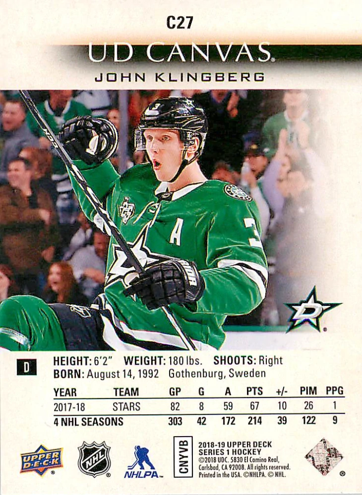 2018-19 UD Series 1 - John Klingberg - Canvas #C27