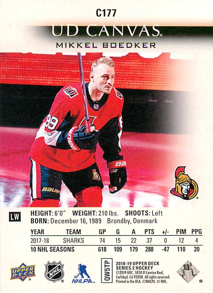 2018-19 UD Series 2 - Mikkel Boedker - Canvas #C177