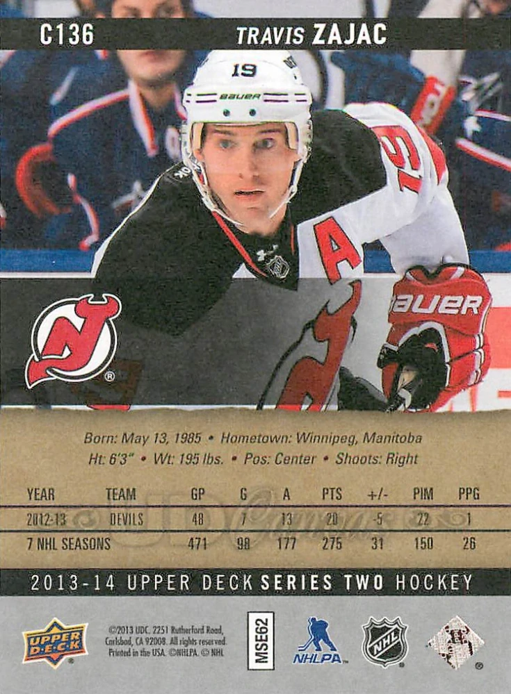 2013-14 UD Series 2 - Travis Zajac - Canvas #C136