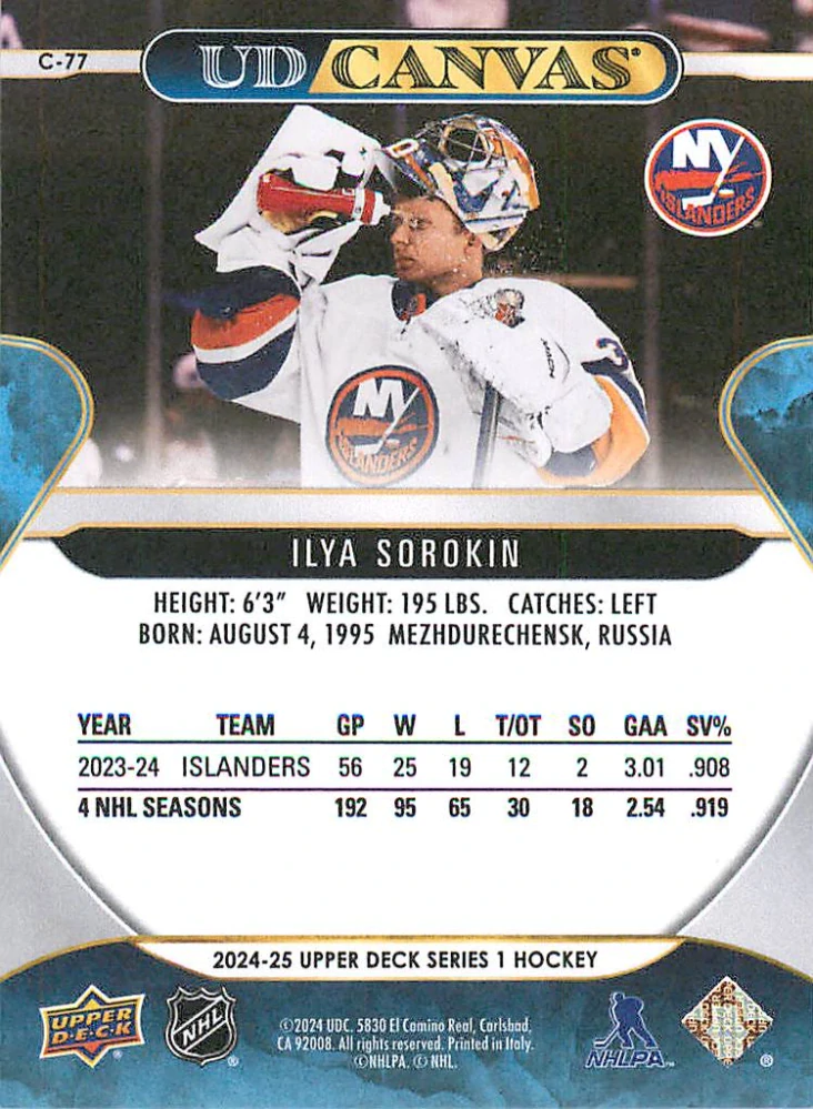 2024-25 UD Series 1 - Ilya Sorokin - Canvas #C-77