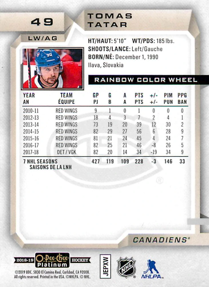 2018-19 UD O-Pee-Chee Platinum - Tomáš Tatar - Rainbow Color Wheel #49