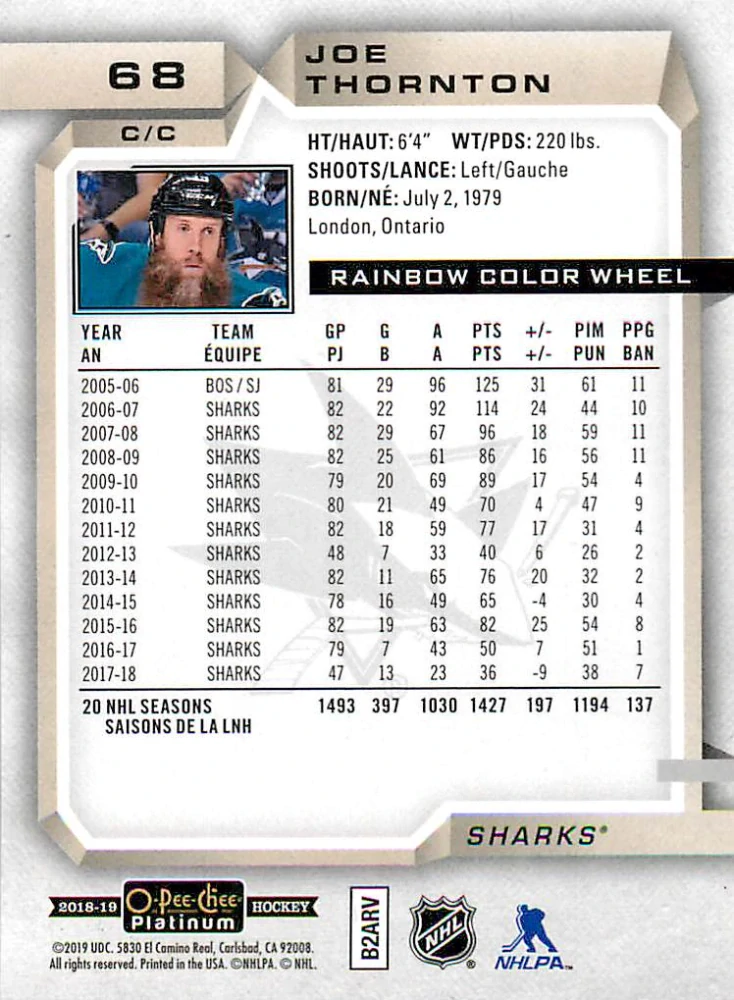 2018-19 UD O-Pee-Chee Platinum - Joe Thornton - Rainbow Color Wheel #68