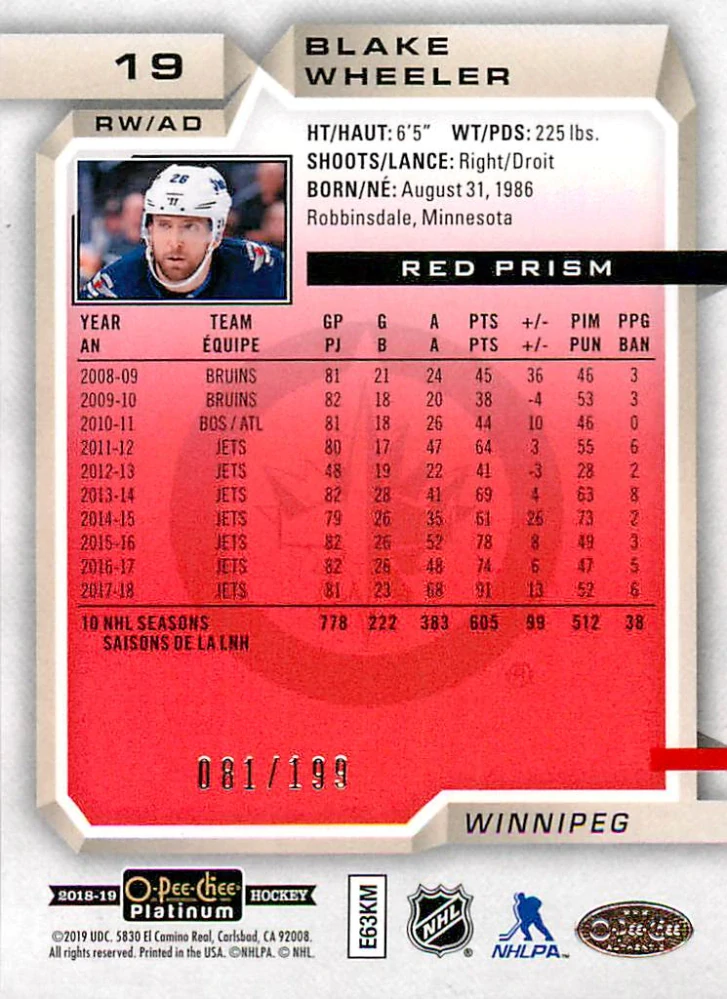 2018-19 UD O-Pee-Chee Platinum - Blake Wheeler - Red Prism /199 #19