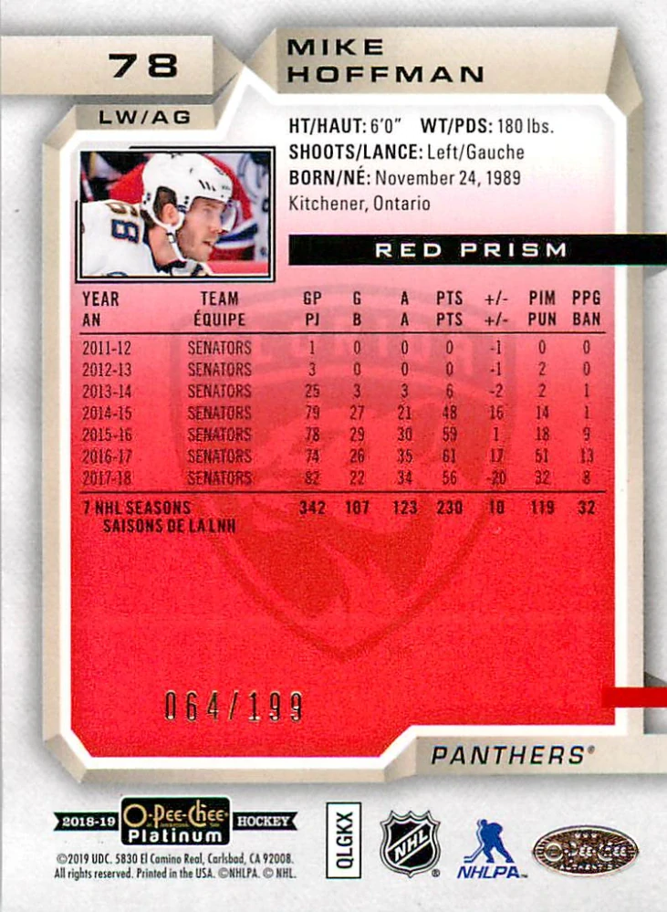 2018-19 UD O-Pee-Chee Platinum - Mike Hoffman - Red Prism /199 #78
