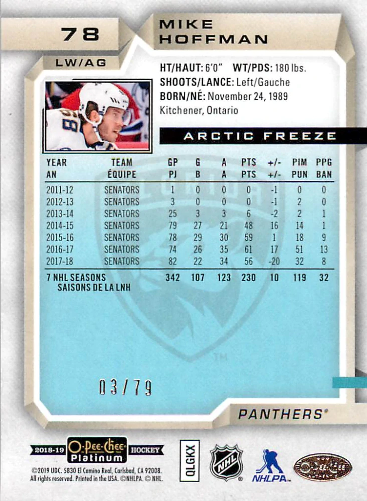 2018-19 UD O-Pee-Chee Platinum - Mike Hoffman - Arctic Freeze /79 #78