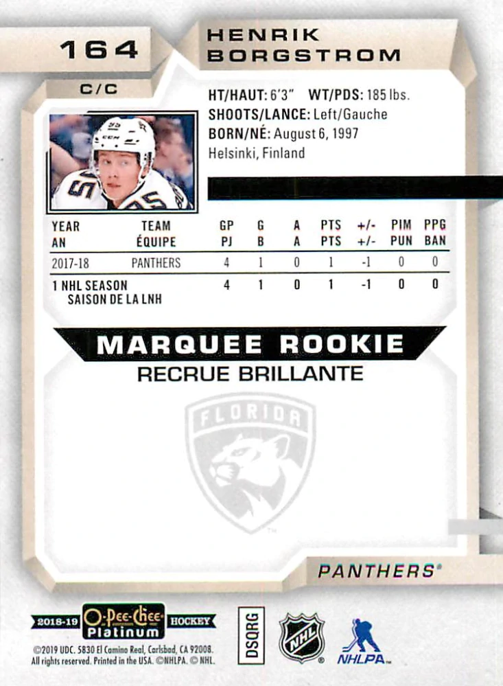 2018-19 UD O-Pee-Chee Platinum - Henrik Borgstrom - Marquee Rookie #164