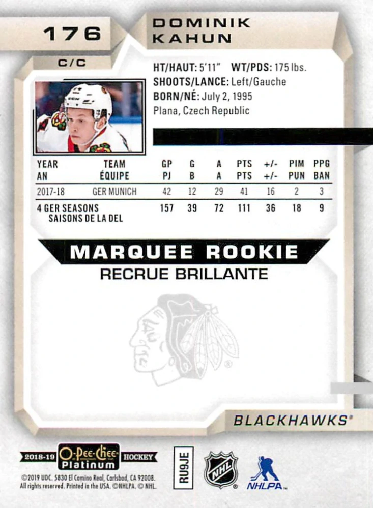 2018-19 UD O-Pee-Chee Platinum - Dominik Kahun - Marquee Rookie #176