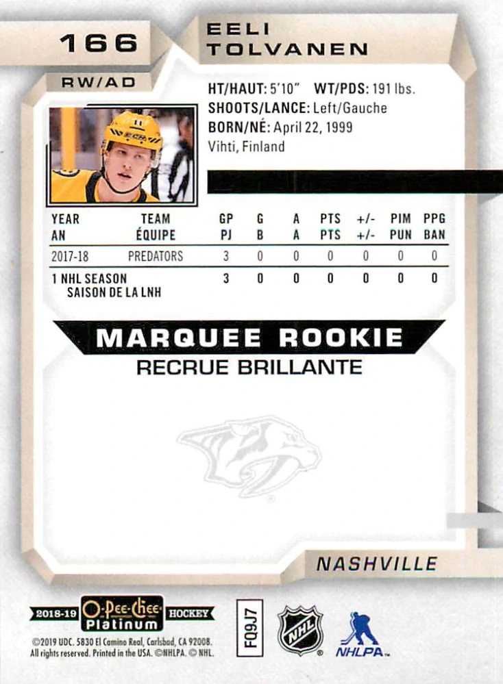 2018-19 UD O-Pee-Chee Platinum - Eeli Tolvanen - Marquee Rookie #166