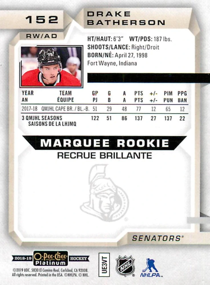 2018-19 UD O-Pee-Chee Platinum - Drake Batherson - Marquee Rookie #152