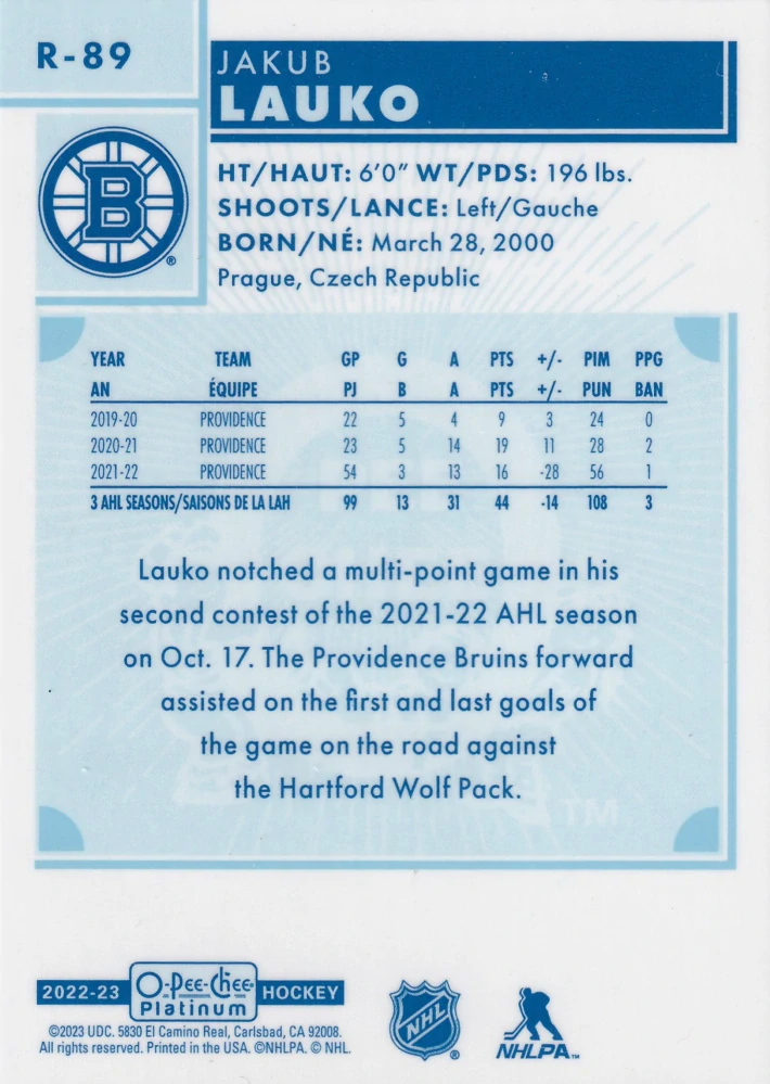 2022-23 UD O-Pee-Chee Platinum - Jakub Lauko - Retro Rookie #R-89