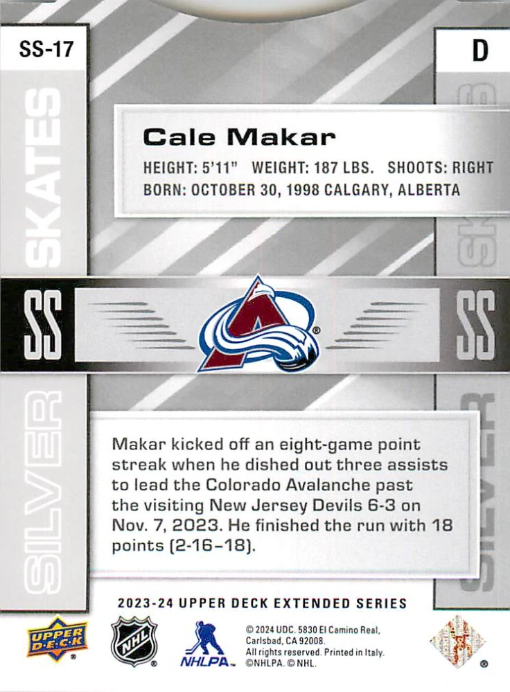 2023-24 UD Extended Series - Cale Makar - Silver Skates #SS-17