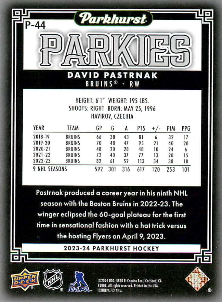 2023-24 UD Parkhurst - David Pastrňák - Parkies #P-44
