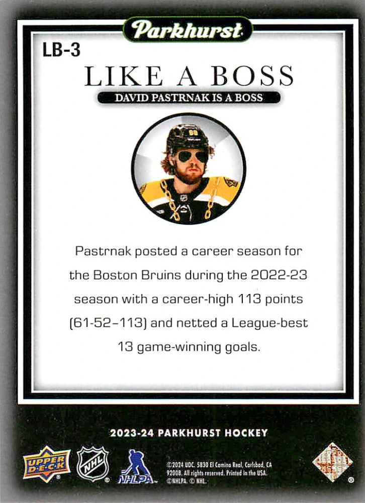2023-24 UD Parkhurst - David Pastrňák - Like a Boss #LB-3