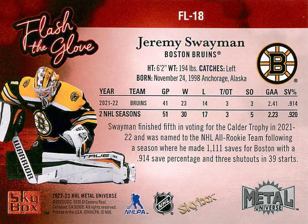 2022-23 UD Skybox Metal Universe - Jeremy Swayman - Flash The Glove #FL-18