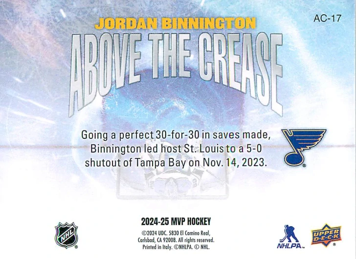 2024-25 UD MVP - Jordan Binnington - Above The Crease #AC-17