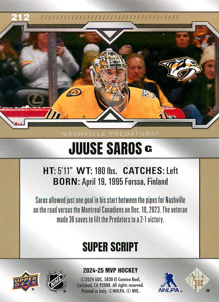2024-25 UD MVP - Juuse Saros - Super Script /25 #212