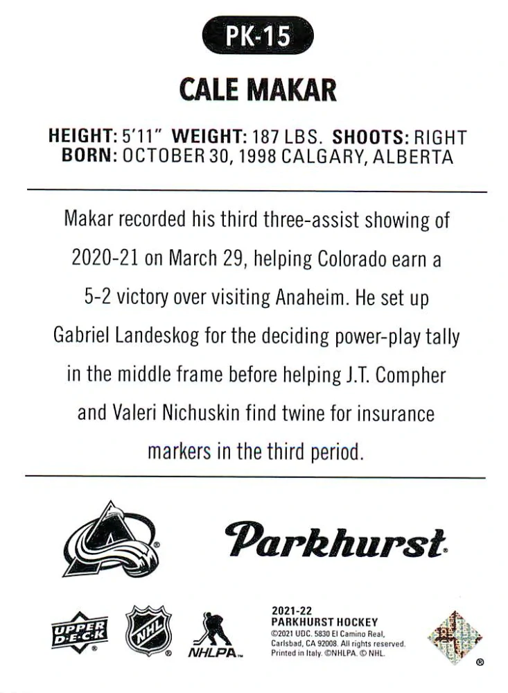 2021-22 UD Parkhurst - Cale Makar - Parkies #PK-15