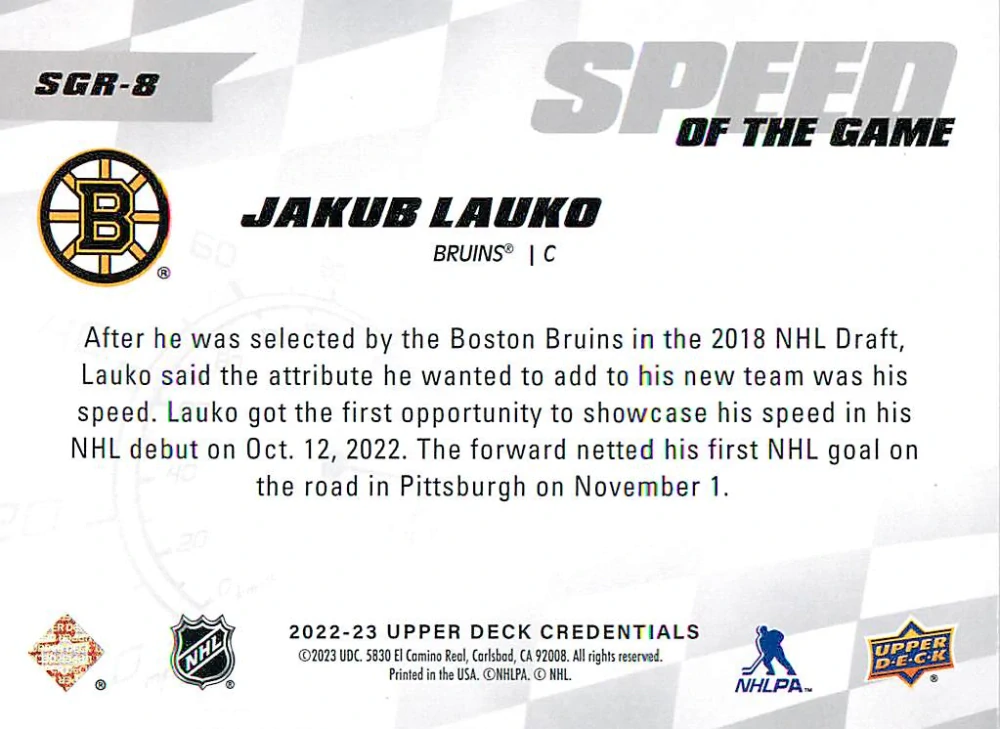 2022-23 UD Credentials - Jakub Lauko - Speed Of The Game #SGR-8
