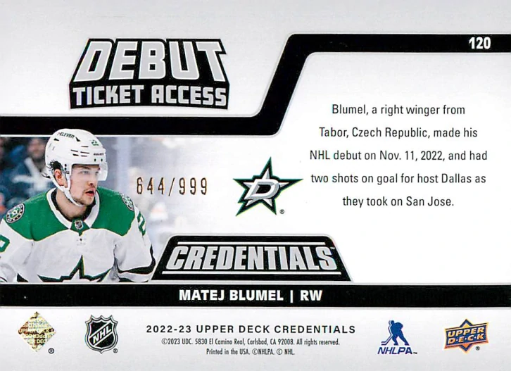 2022-23 UD Credentials - Matěj Blumel - Debut Ticket Access /999 #120