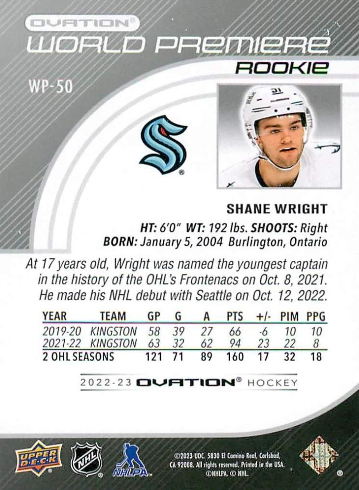 2022-23 UD Ovation - Shane Wright - World Premiere Rookie #WP-50