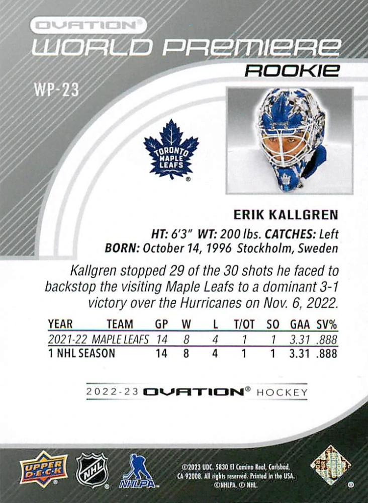 2022-23 UD Ovation - Erik Kallgren - World Premiere Rookie #WP-23